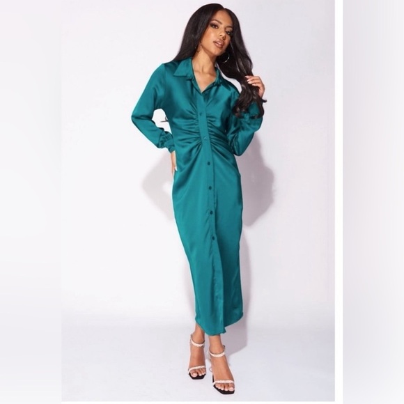Amazon Dresses & Skirts - NWT Green Satin Silk Long Sleeve V-Neck Ruched Midi Shirt Dress Size L Large​